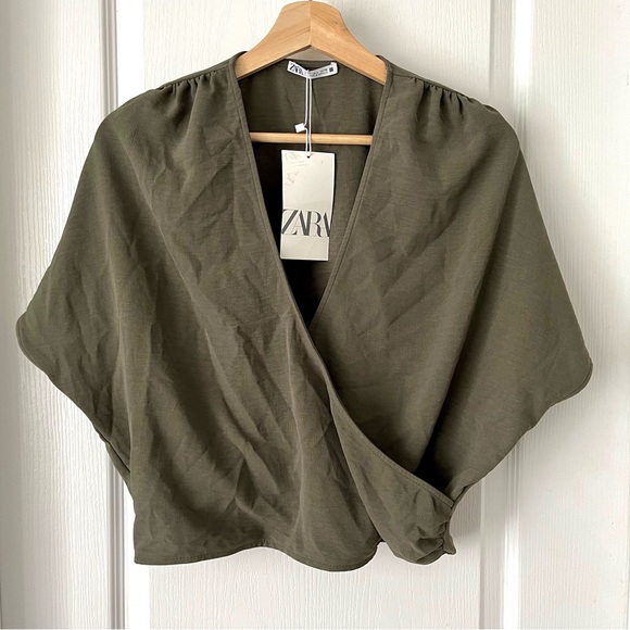 ZARA Olive Green Draped Wrap Top NWT Size Large - Picture 4 of 11
